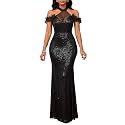 Cololura Women Sequin Halter Mesh Bodycon Formal Maxi Dress Evening Gown