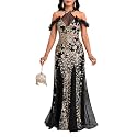 Cololura Women Sequin Halter Mesh Bodycon Formal Maxi Dress Evening Gown
