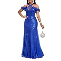 Cololura Women Sequin Halter Mesh Bodycon Formal Maxi Dress Evening Gown