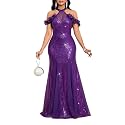 Cololura Women Sequin Halter Mesh Bodycon Formal Maxi Dress Evening Gown