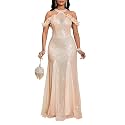 Cololura Women Sequin Halter Mesh Bodycon Formal Maxi Dress Evening Gown