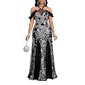 Cololura Women Sequin Halter Mesh Bodycon Formal Maxi Dress Evening Gown