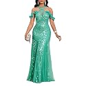 Cololura Women Sequin Halter Mesh Bodycon Formal Maxi Dress Evening Gown