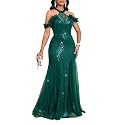 Cololura Women Sequin Halter Mesh Bodycon Formal Maxi Dress Evening Gown