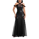 Cololura Women Sequin Halter Mesh Bodycon Formal Maxi Dress Evening Gown