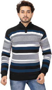 colorchakra men striped collared neck blue sweater