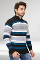 ColorChakra Men Striped Collared Neck Dark Blue Sweater