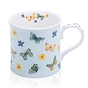 Colorful Butterfly &amp; Floral Coffee Mug – 12 oz Premium New Bone China Blue Tea Cup, Elegant Ceramic Mug Gift for Women, Mom &amp; Butterfly Lovers – Designed in England by Harvest Green Studio