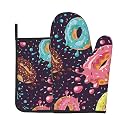 Colorful Donut Oven Mitts and Pot Holders Sets - Cute Doughnut Kitchen Mitts Potholders 2 Pack Heat Resistant Vibrant Festival Oven Gloves Hot Pads for Kitchen Baking Grilling Party