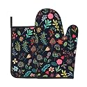 Colorful Flowers Oven Mitts and Pot Holders Sets Wildflowers Oven Gloves Heat Resistant Vintage Floral Leaves Kitchen Mitts Black Hot Pads Two Piece Set for Cooking Baking Grilling BBQ