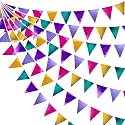 Colorful Party Decorations Hot Pink Teal Purple Metallic Fabric Triangle Pennant Banner Flag Bunting for Fiesta Carnival Rainbow Multi-Color Birthday Wedding Shower Holiday Outdoor Party Supplies