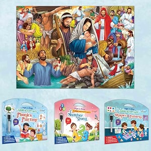 combo of 3 mats and 1 poster number quest shapes and patterns phonics playtime and giant bible new testament colouring poster