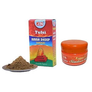 jn combo orange sindoor and hawan samagri for puja mandir tilak aarti worship  100gm sindoor 200gm hawan samagri  pure haldi based non-allergic eco-friendly ritual powder  made in india