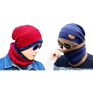 combo pack of 2 woolen cap neck warmer set for men and women winter warm hat amp muffler set free size unisex winter accessories