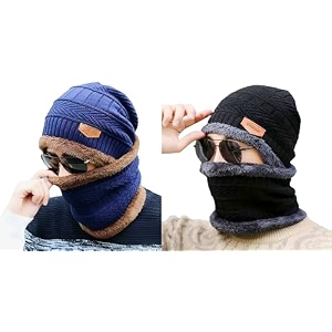 combo pack of 2 woolen cap neck warmer set for men and women winter warm hat amp muffler set free size unisex winter accessories