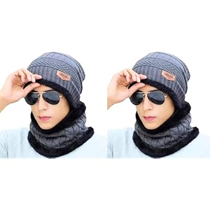 combo pack of 2 woolen cap neck warmer set for men and women winter warm hat amp muffler set free size unisex winter accessories