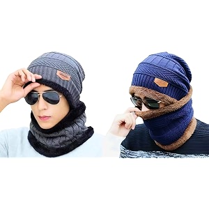 combo pack of 2 woolen cap neck warmer set for men and women winter warm hat amp muffler set free size unisex winter accessories