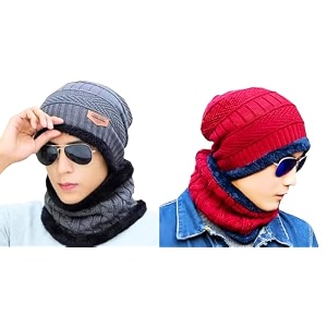 combo pack of 2 woolen cap neck warmer set for men and women winter warm hat amp muffler set free size unisex winter accessories