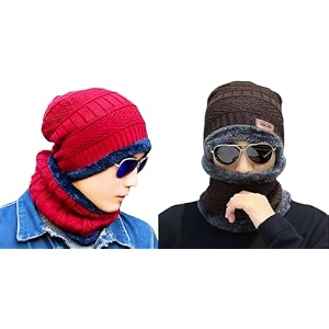 combo pack of 2 woolen cap neck warmer set for men and women winter warm hat amp muffler set free size unisex winter accessories