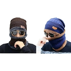 combo pack of 2 woolen cap neck warmer set for men and women winter warm hat amp muffler set free size unisex winter accessories