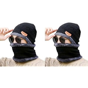 combo pack of 2 woolen cap neck warmer set for men and women winter warm hat amp muffler set free size unisex winter accessories