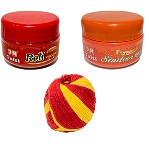 jn combo roli kumkum kalawa moli dhaga and orange sindoor for puja mandir tilak aarti worship  100gm roli 100gm sindoor 6 sacred threads  pure haldi non-allergic eco-friendly  made in india