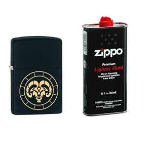 combo of zippo aries zodiac sign design windproof pocket lighter and 12 oz premium lighter fluid