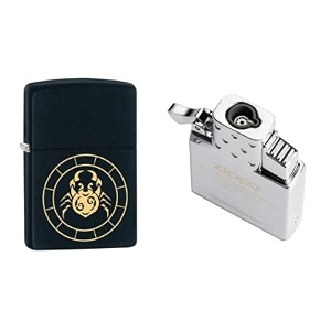 combo of zippo cancer zodiac sign design windproof pocket lighter and single torch butane insert