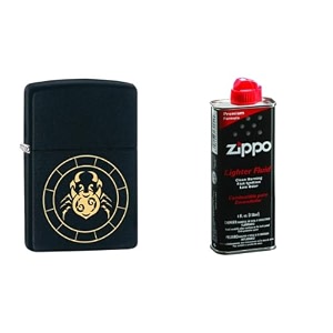combo of zippo cancer zodiac sign design windproof pocket lighter and 4 oz premium lighter fluid