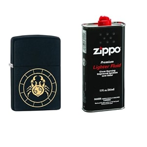 combo of zippo cancer zodiac sign design windproof pocket lighter and 12 oz premium lighter fluid