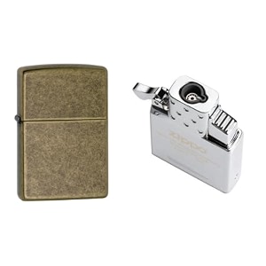 combo of zippo classic antique brass windproof pocket lighter and single torch butane insert