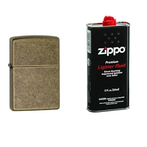 combo of zippo classic antique brass windproof pocket lighter and 12 oz premium lighter fluid
