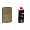 Combo of Zippo Classic Antique Brass Windproof Pocket Lighter and 4 oz. Premium Lighter Fluid