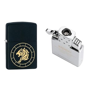 combo of zippo leo zodiac sign design windproof pocket lighter and single torch butane insert