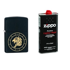 combo of zippo leo zodiac sign design windproof pocket lighter and 12 oz premium lighter fluid