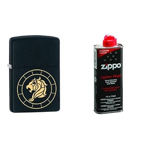 combo of zippo leo zodiac sign design windproof pocket lighter and 4 oz premium lighter fluid