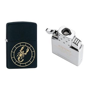 combo of zippo scorpio zodiac sign design windproof pocket lighter and single torch butane insert