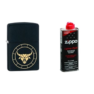 combo of zippo taurus zodiac sign design windproof pocket lighter and 4 oz premium lighter fluid