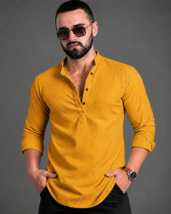 COMBRAIDED Men Self Design Casual Yellow Shirt
