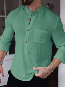 combraided solid cotton blend straight kurta for men green