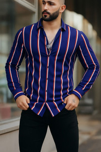 COMBRAIDED Men Striped Casual Blue Shirt