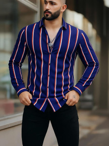 COMBRAIDED Men Striped Casual Blue Shirt