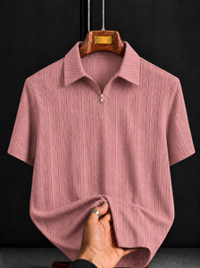 COMBRAIDED Self Design Men Polo Neck Pink