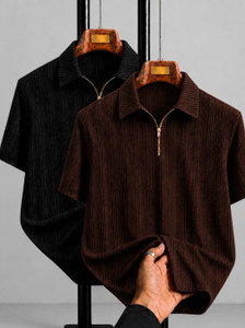 COMBRAIDED Self Design Men Polo Neck Black