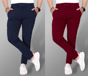 COMBRAIDED Slim Fit Men Blue Maroon Trousers