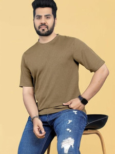 combraided men solid round neck polycotton brown t-shirt