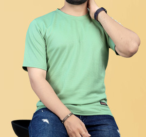 combraided men solid round neck polycotton dark green t-shirt