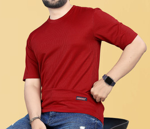 combraided solid men round neck red t-shirt