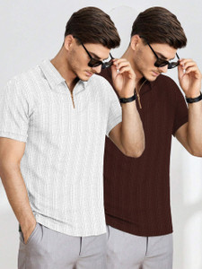 COMBRAIDED Striped Men Zip Neck Brown White