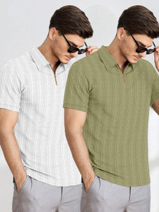 COMBRAIDED Striped Men Zip Neck Light Green